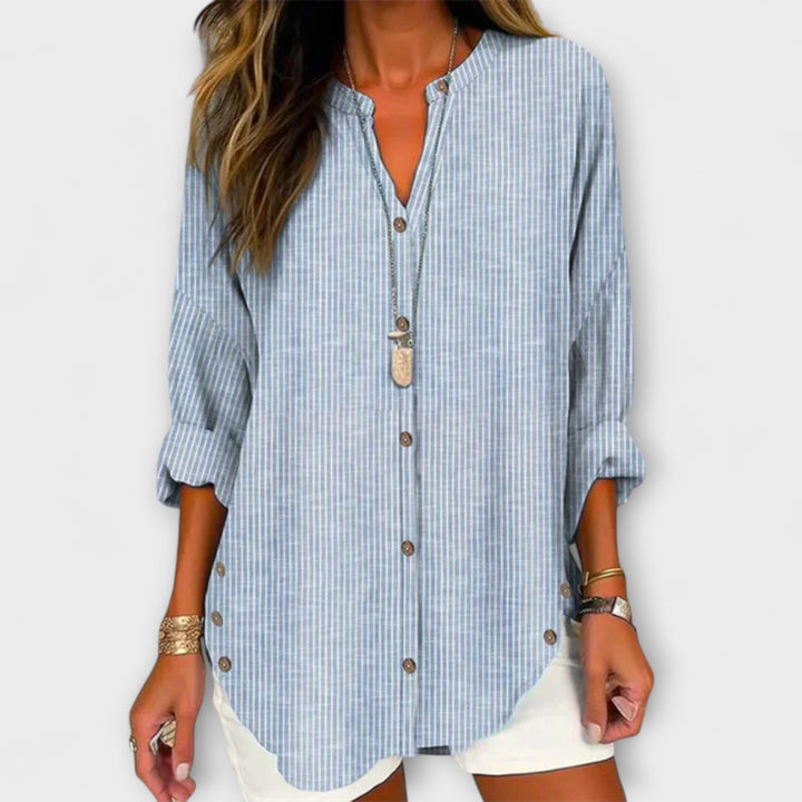 Aurora – Stylish V-Neck Top with Classic Stripe Pattern