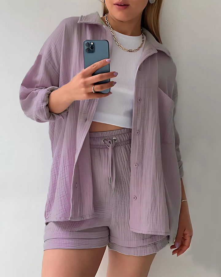 Maylee - Καλοκαιρινό σετ δύο τεμαχίων με υφή & κουμπιά με φερμουάρ