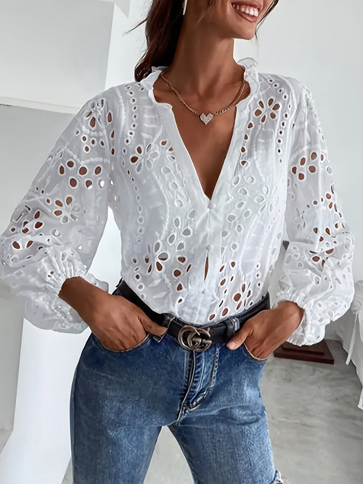 Roselina - Geborduurde blouse met lange mouwen en oogjespatroon