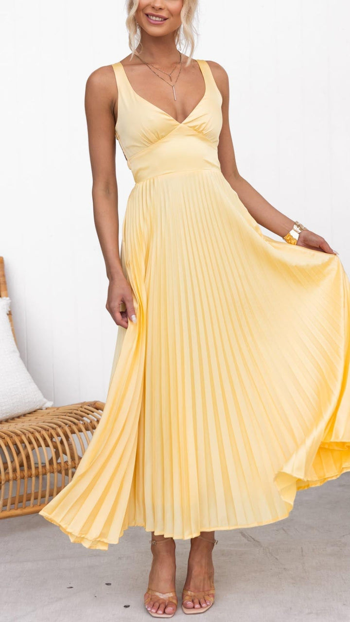 Aby - Gele Geplooide V-Hals Maxi Dress