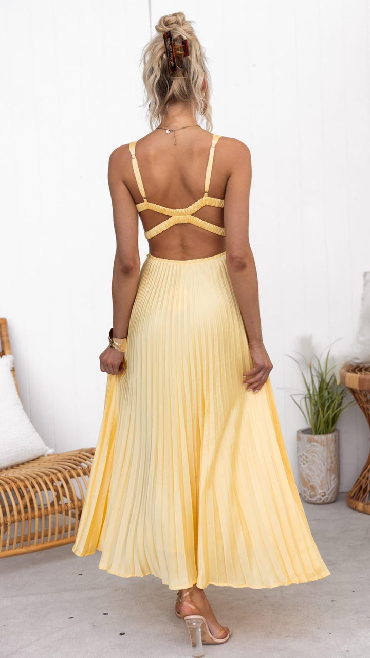 Aby - Vestido maxi amarelo com decote em V plissado